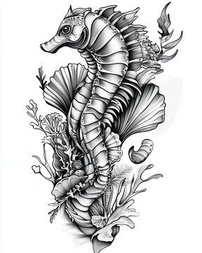 recommend clip art: A detailed line drawing of a seahorse amongst coral.
