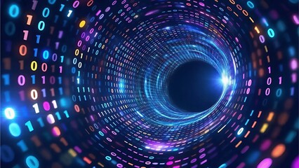 Obraz premium Colorful abstract data tunnel with binary code bytes swirling through a vortex, featuring lens flares and depth of field effects, Generative AI.