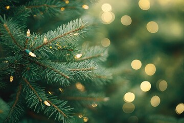Close-up view of a Christmas tree background, copy-space , blur bokeh with generative ai