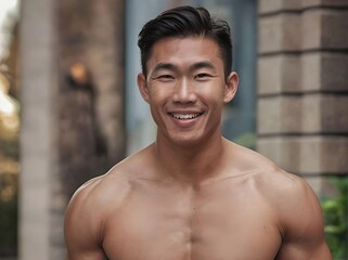 Smiling Shirtless Muscular Asian Man Looking at Camera at Dawn Portrait