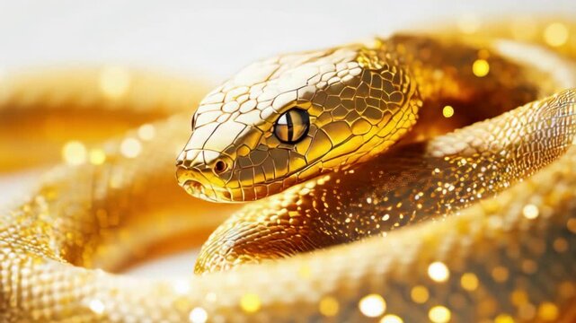 Close-Up of a Golden Snake with Detailed Scales Glowing Eyes