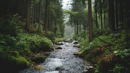Obraz premium A secluded mountain stream flowing through a dense, green forest, with the sound of the water echoing in the peaceful surroundings.