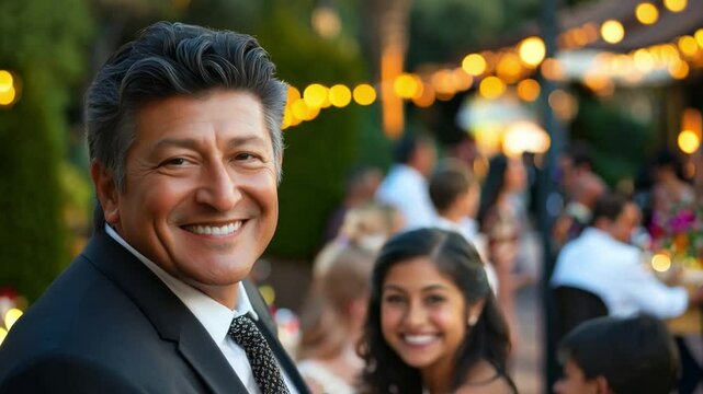 A mature man smiles at the camera, standing at a party with string lights and greenery in the background