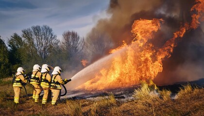 Obraz premium Team of firefighters extinguishing blazing flames 