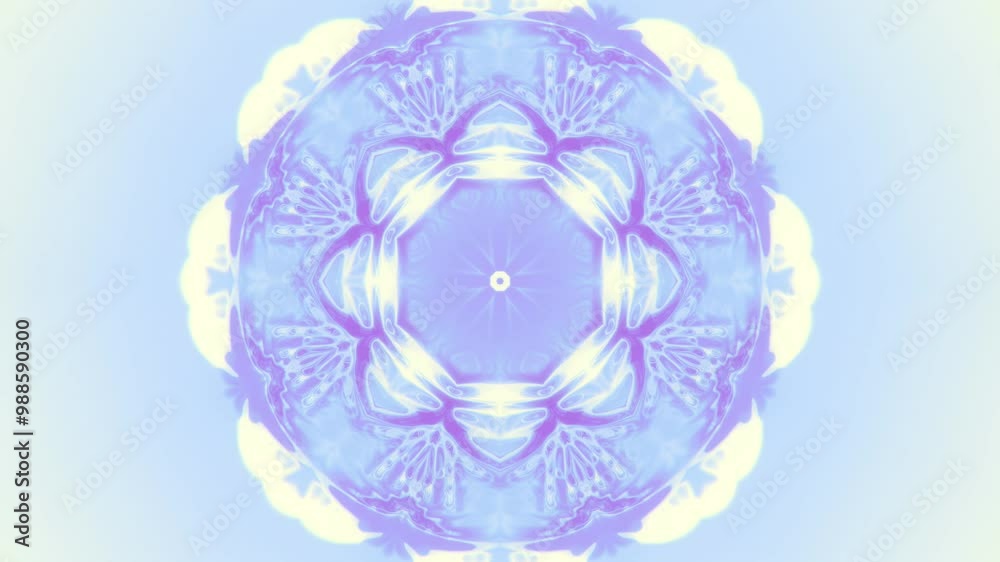 Poster An abstract symmetrical composition resembling a mandala or a complex floral pattern, composed of many glowing lines in soft blue and purple shades. Digital seamless loop animation. 3d rendering 4K