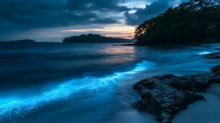 An island at dusk with bioluminescent waves glowing along the shore.