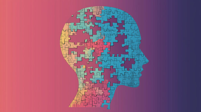 Projekt przedstawiający profil głowy z puzzlami, ukazujący r&oacute;żne aspekty zdrowia psychicznego i zaburzeń osobowości.