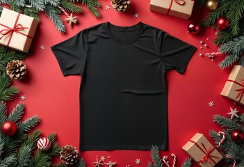 black t - shirt mockup on red background