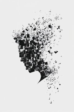 Abstract silhouette of a person's head with musical notes exploding from it.