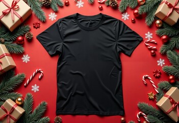 black t-shirt on red background with christmas decorations