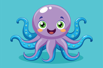 Obraz premium A cute octopus with large eyes and cheerful expression greets viewers with its waving tentacles, a cartoon character of a Cute octopus