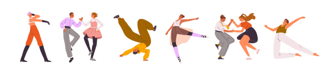 Dancers set. Young artists dance ballet, vogue, twist, lindy, breakdancing. Men and women show by hiphop or jazz. Performers with music performance. Flat isolated vector illustrations on white