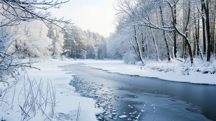 Obraz premium Frozen river winding through a snowy forest, soft reflections of the trees on the ice, bare branches, ample space for copy in the sky. 