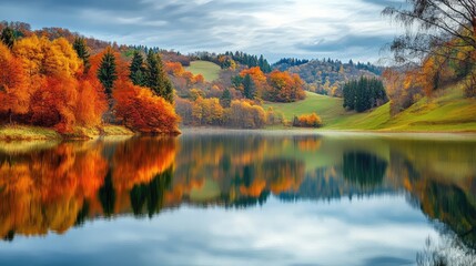 Fototapeta premium A serene lake surrounded by rolling hills and autumn-colored trees, with calm water reflecting the vibrant foliage.