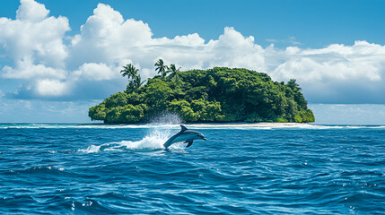 Obraz premium An island surrounded by a barrier reef with dolphins leaping in the waves beyond the reefs edge.