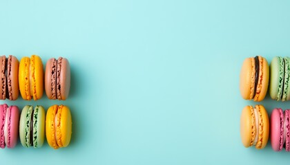 Colorful Macarons on Mint Background with Copy Space