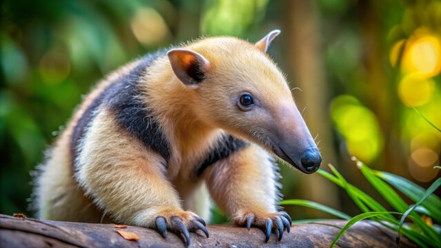 A curious young tamandua anteater showcases its unique characteristics, featuring a lengthy snout and prehensile tail,