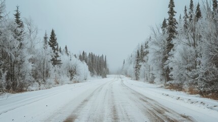 Obraz premium Snow-covered road, lined with frost-covered trees, leading into the distance, overcast sky, ample space above the road for copy. 