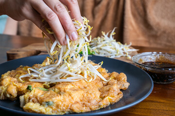fried tofu with egg, served with bean sprouts and sambal kecap a sweet soy sauce with chilies