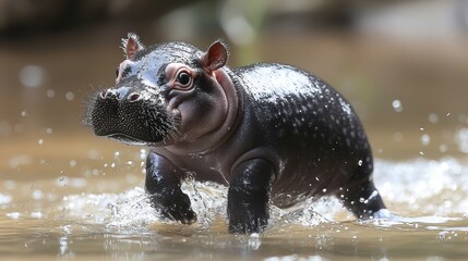Fototapeta premium A baby hippo is swimming in a river
