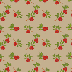Seamless pattern with bright cranberries on beige background