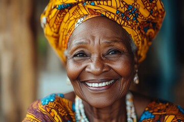 Fototapeta premium Happy african senior woman laughing and looking in camera - Portrait of real and authentic person wearing traditional dress, Generative AI
