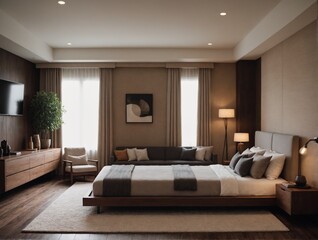 Fototapeta premium A neat and clean master bedroom interior design 3d illustration template and interior rendering mockup template.