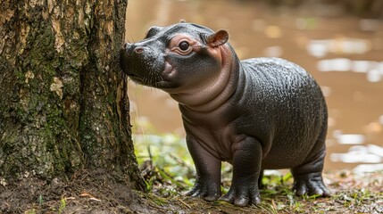 Naklejka premium A baby hippo is standing in the mud near a tree