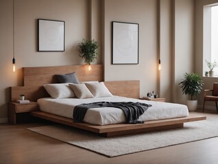 A wooden flooring master bedroom interior design 3d illustration template and interior rendering mockup template.