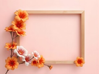 Floral Elegance: A Minimalist Wooden Frame with Vibrant Orange and Pink Flowers on Soft Pastel Background
