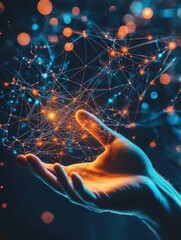 Hand holding glowing digital connections.