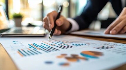 A business professional analyzes financial graphs and charts during a meeting in a modern office setting