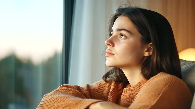 Thoughtful young woman sitting at home by window, sadness, reflection, calm mood, mental health, cozy interior, solitude, self care, emotions, modern lifestyle, quiet moment, depression concept scene