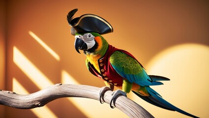 A portrait of a parrot dressed as a pirate, complete with a miniature eye patch and feathered hat, perched on a branch with bright lighting enhancing its colorful costume