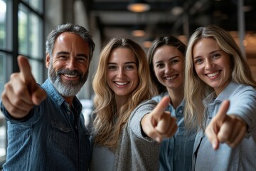 We owe our success to you. Portrait of a group of smiling coworkers pointing at the camera while standing in an office, Generative AI