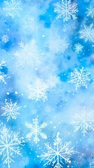 white snowflakes with intricate design on blue watercolor background, snowfall, wintry sky. background for website or social media, winter sales festivals or events, festive wallpaper concept.