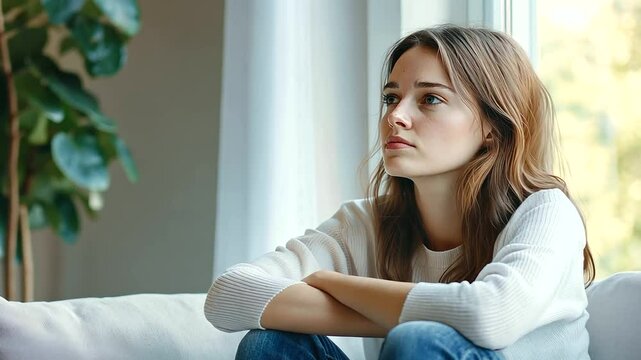 Thoughtful young woman sitting at home by window, sadness, reflection, calm mood, mental health, cozy interior, solitude, self care, emotions, modern lifestyle, quiet moment, depression concept scene