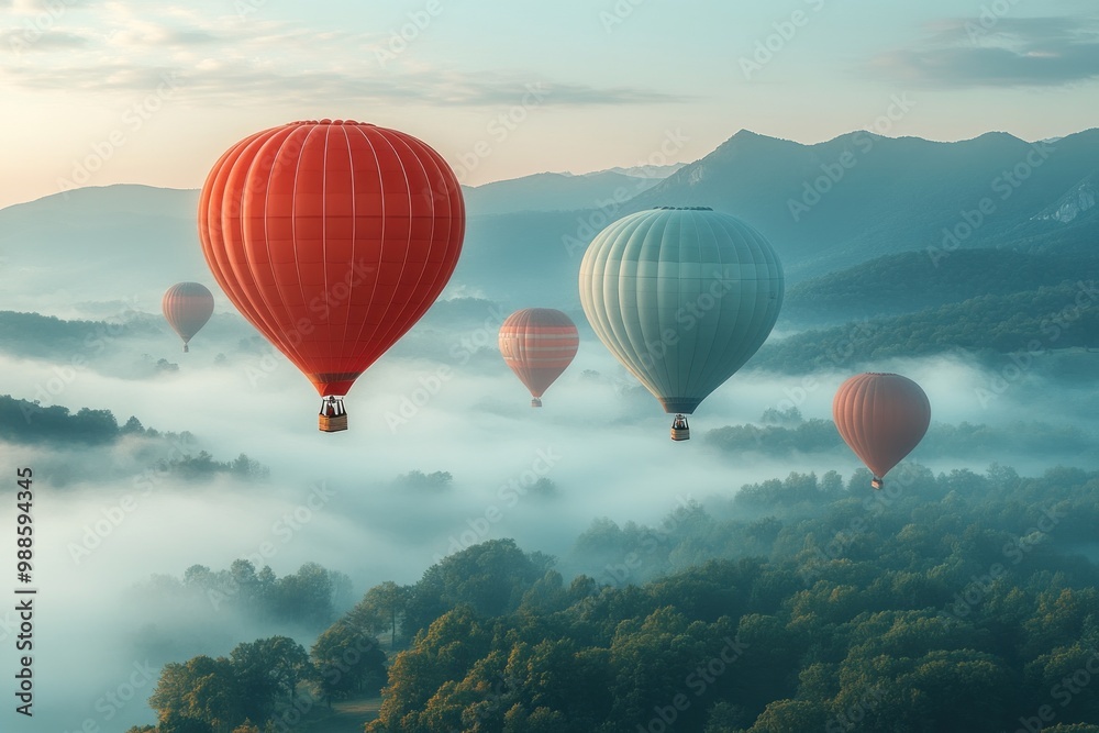 Wall mural Hot Air Balloons Soaring Above Misty Mountains