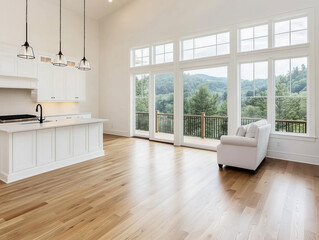 Living room and kitchen interior in new luxury home with large windows