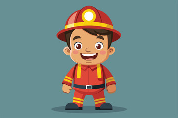 A cartoon fireman character smiles in a red uniform, looking ready for action and safety at any moment, a cartoon character of a Fireman character