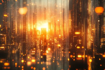 Obraz premium Shimmering Metropolis: A Cityscape Aglow in Golden Radiance