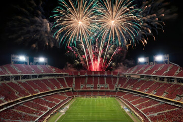 Spectacular fireworks display lights up the night sky above a large stadium