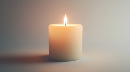 A simple white candle with a small flame flickering sits in the center, casting a warm glow against the white backdrop.