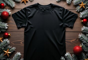 black t - shirt on a wooden background with christmas decorations