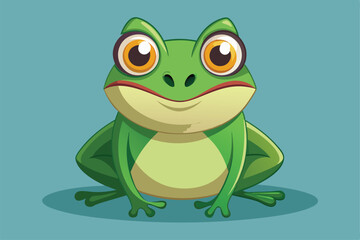 Obraz premium A cartoon frog smiles with big eyes, sitting in a playful pose on a smooth blue backdrop, a cartoon character of a frog