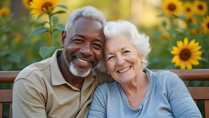Happy diverse elderly couple outdoors