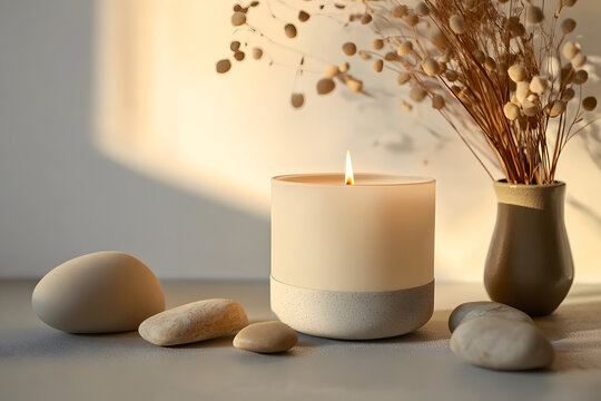 Aroma candle on beige background. Warm aesthetic composition with stones. Cozy home comfort, relaxation and wellness concept. Interior decoration mockup