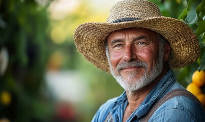 Fototapeta premium Portrait of a senior farmer, Generative AI