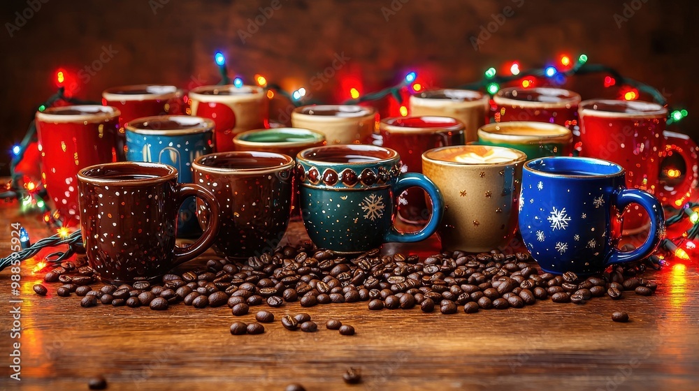 Wall mural A row of colorful coffee mugs with a pile of coffee beans in the background