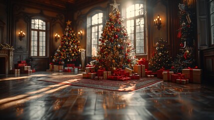 Christmas tree in the home Christmas interior. Beautiful Christmas background. Fireplace Lights Decoration, Hanging Socks. Garland. Gifts. Holiday decor. New Year's card	
